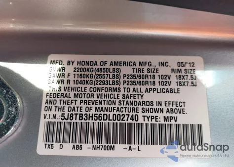 2013 Acura Rdx z USA, uszkodzony, nr VIN 5J8TB3H56DL002740
